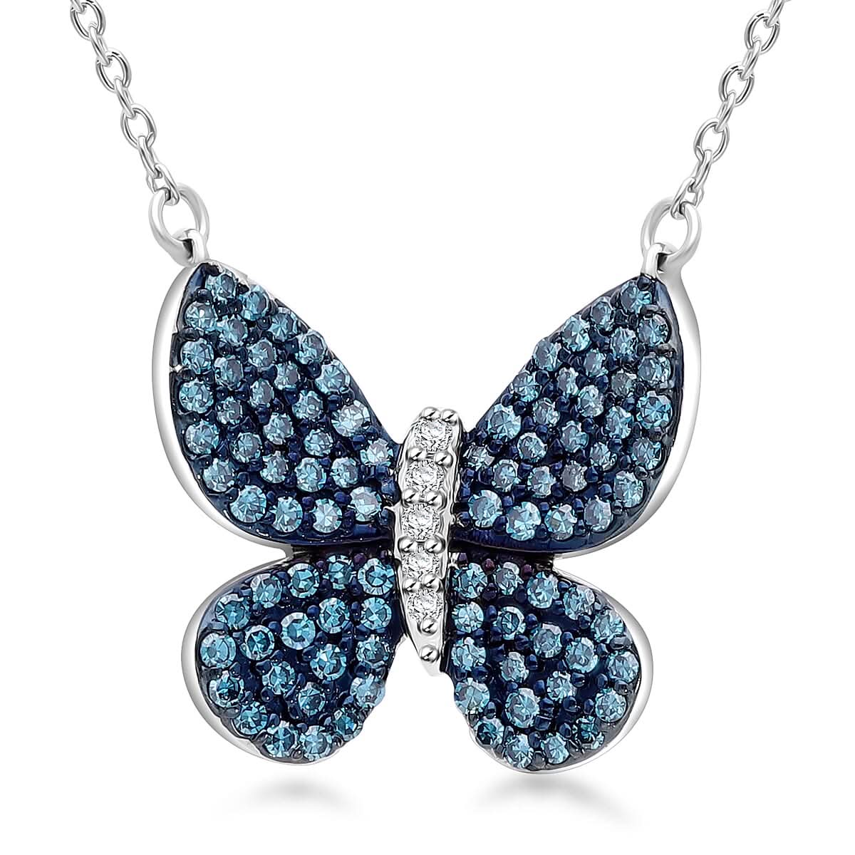 Venice Blue Diamond I1-I2 and Diamond 0.50 ctw Butterfly Pendant Necklace in Rhodium Over Sterling Silver 20 Inches