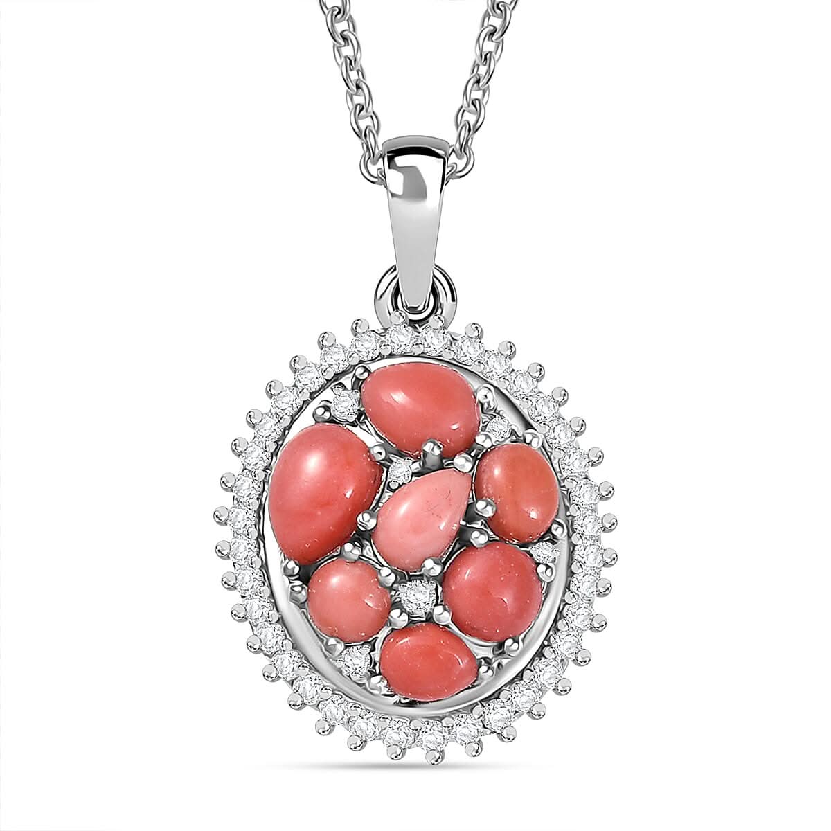 Karis Oregon Peach Opal and White Zircon 1.50 ctw Blooming Pendant in Platinum Bond with Stainless Steel Necklace 20 Inches