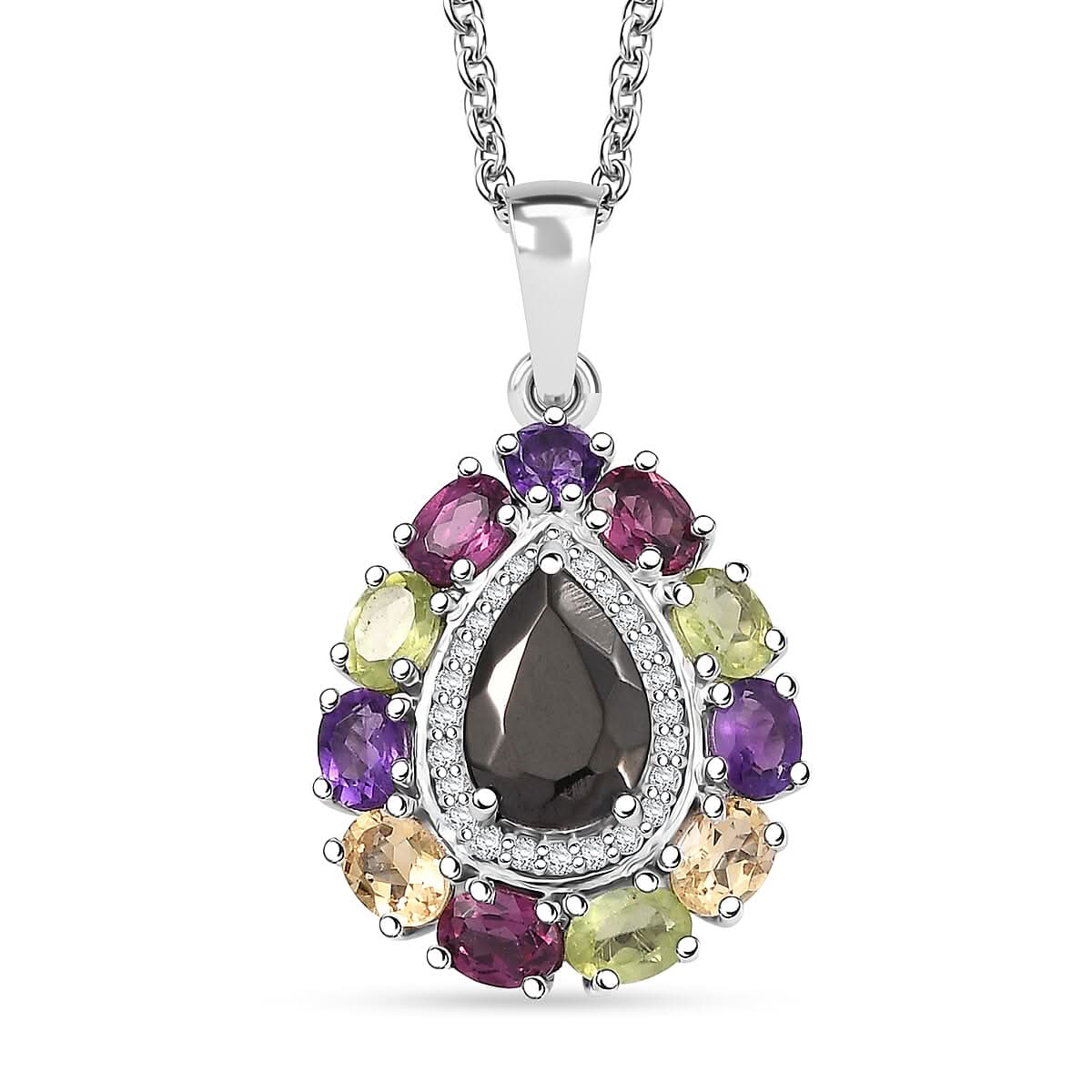 EverTrue Elite Shungite and Multi Gemstone 2.90 ctw Pendant in Platinum Bond with Stainless Steel Necklace 20 inches