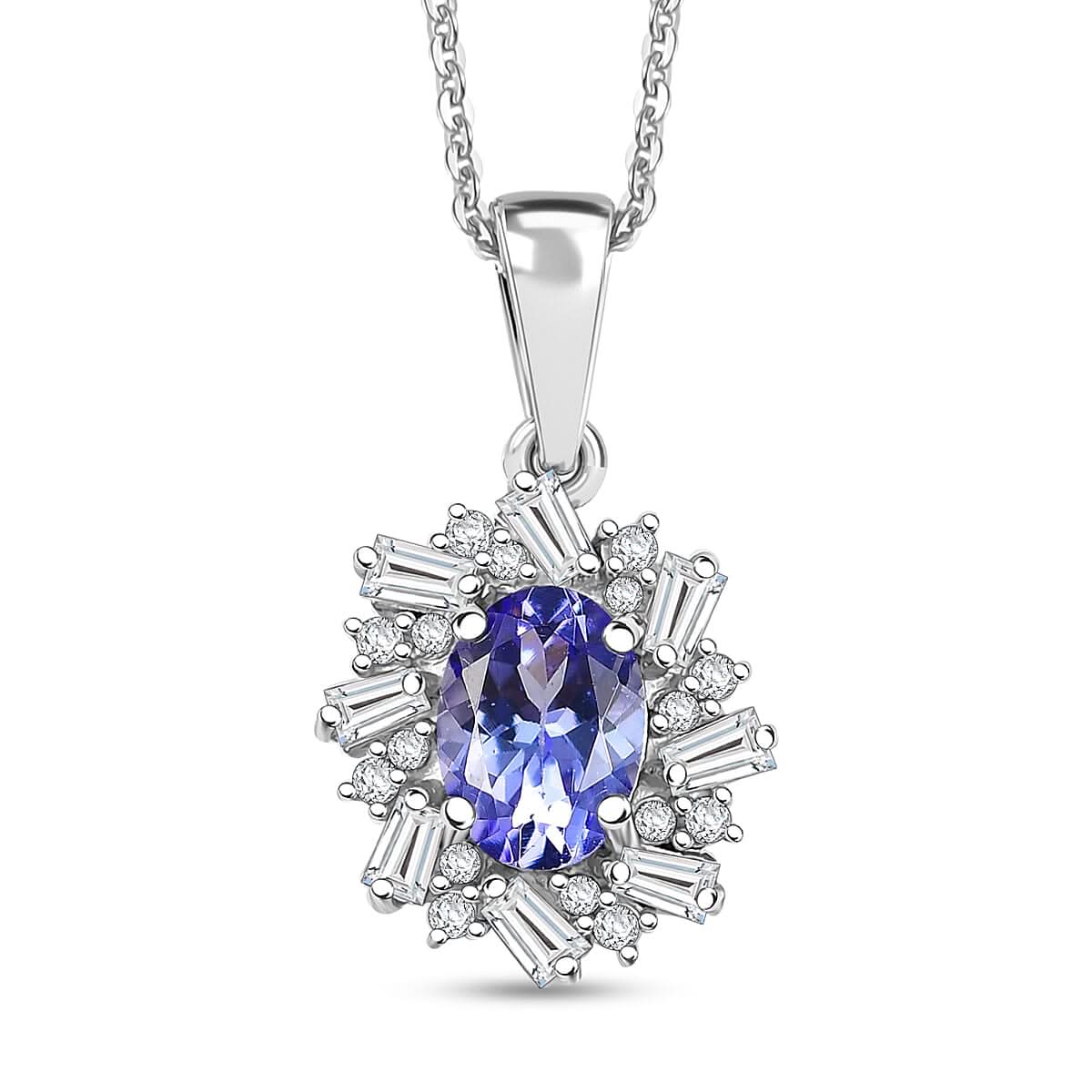 D'Joy Tanzanite and White Zircon 1.40 ctw Starburst Pendant Necklace in Rhodium Over Sterling Silver 20 Inches