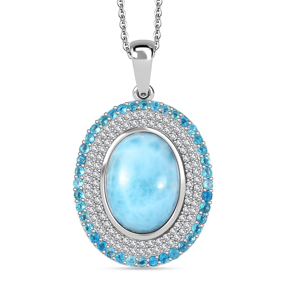 Premium Larimar and Multi Gemstone 8.50 ctw Aqua Majesty Pendant Necklace 20 Inches in Rhodium Over Sterling Silver