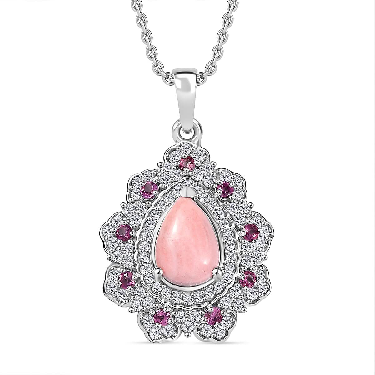 Karis Oregon Peach Opal and Multi Gemstone 2.65 ctw Floral Pendant Platinum Bond with Stainless Steel Necklace 20 Inches