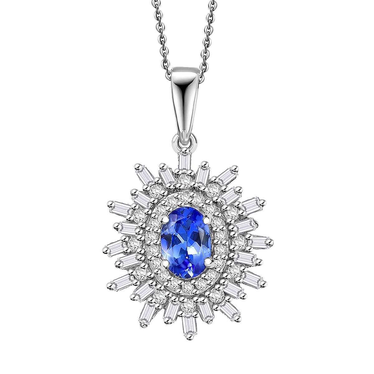 AAA Tanzanite and White Zircon 1.65 ctw Starburst Pendant Necklace in Rhodium Over Sterling Silver 20 Inches