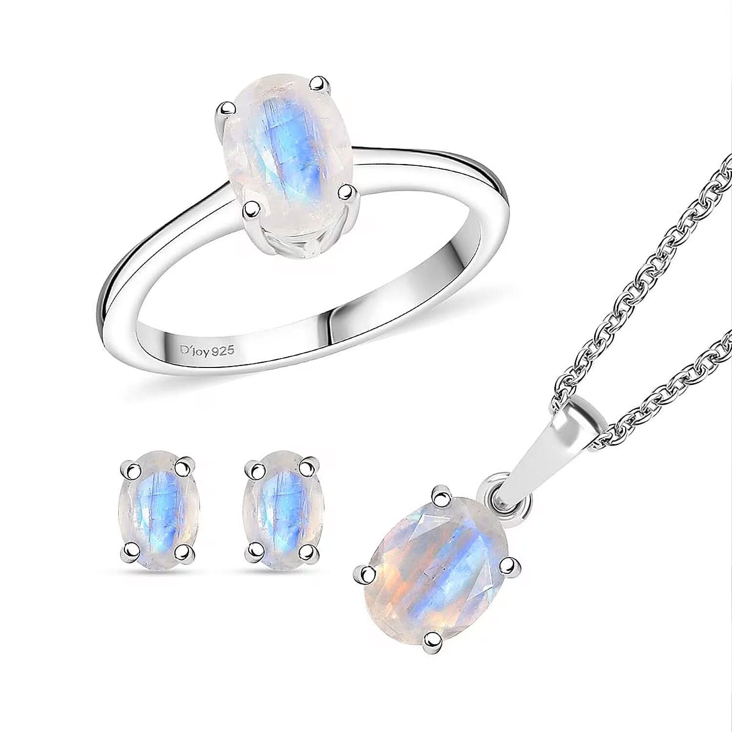 3 Piece Set - Moon Glow Moonstone Earrings, Ring (Size 7) and Pendant in Rhodium Over Sterling Silver with Stainless Steel Necklace (20 Inches) 3.30 ctw