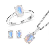 3 Piece Set - Moon Glow Moonstone Earrings, Ring (Size 7) and Pendant in Rhodium Over Sterling Silver with Stainless Steel Necklace (20 Inches) 3.30 ctw