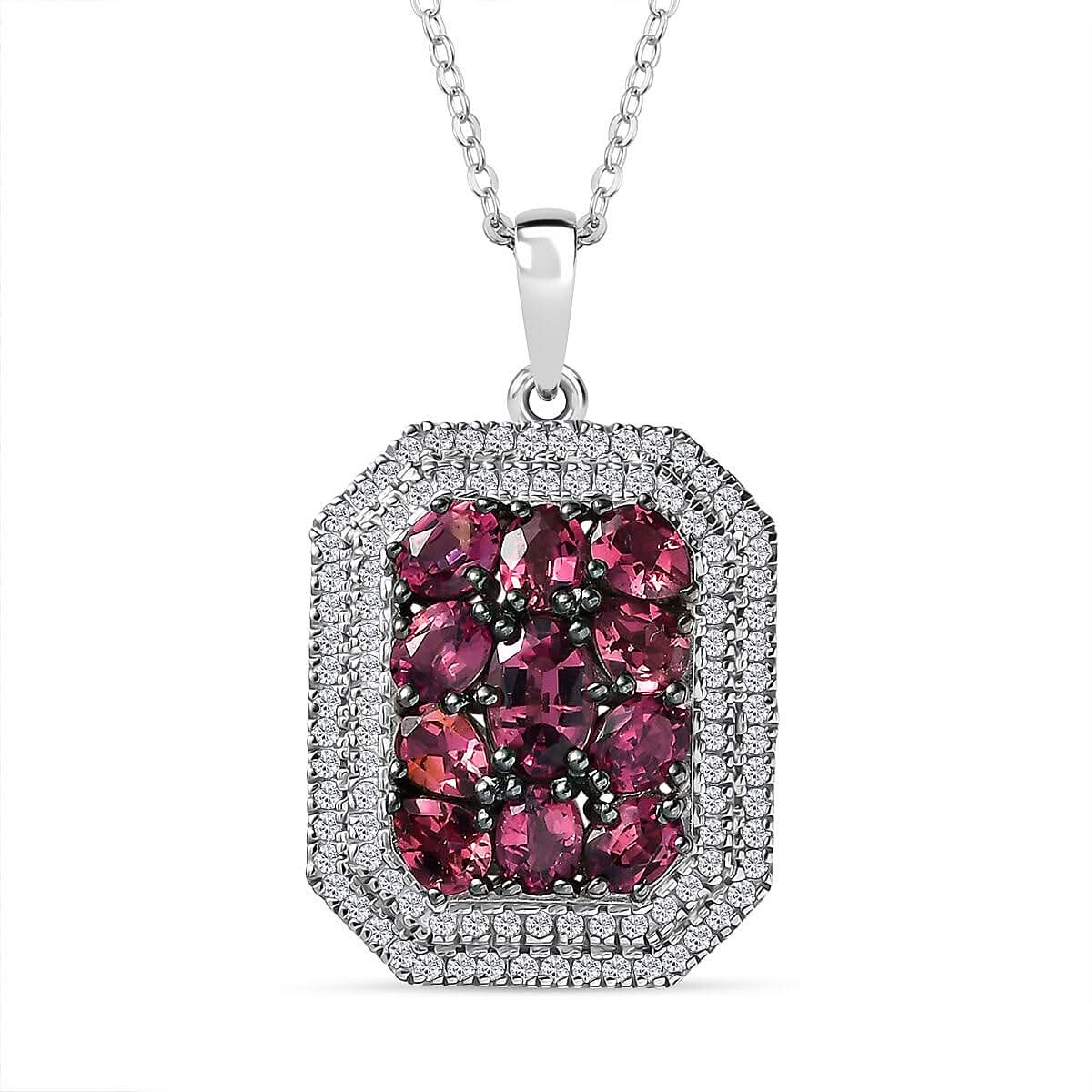 D'Joy Premium Ouro Fino Rubellite and White Zircon 3.00 ctw Crown Cluster Pendant Necklace in Rhodium Over Sterling Silver 20 Inches