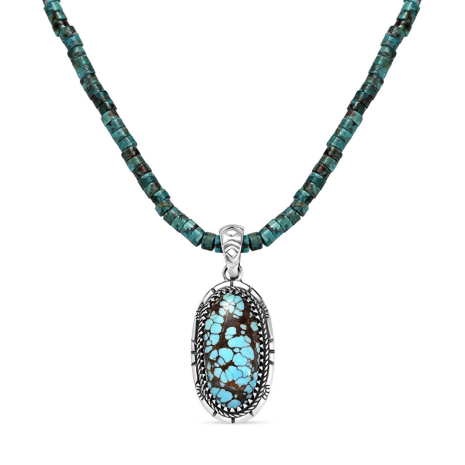 D'Joy Artisan Crafted Premium Blue Moon Turquoise Pendant with Royston Turquoise 76.70 ctw Beaded Necklace in Black Oxidized Sterling Silver 20 Inches