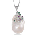 Organic Shape Baroque Freshwater Pearl and Simulated Multi Color Diamond Pendant Necklace in Stainless Steel 20 Inches - Sticky add to cart bar