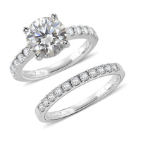 D'Joy Moissanite (Rnd 9mm) Set of 2 Ring in Rhodium Over Sterling Silver (Size 7.0) 3.90 ctw