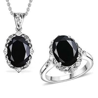 2 Piece Set Thai Black Spinel 15.10 ctw Ring and Pendant Necklace 20 Inches in Stainless Steel