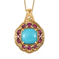 D'Joy Premium Sleeping Beauty Turquoise, Orissa Rhodolite Garnet 4.75 ctw Twilight Bloom Pendant Necklace 20 Inches in 18K Vermeil Yellow Gold Over Sterling Silver