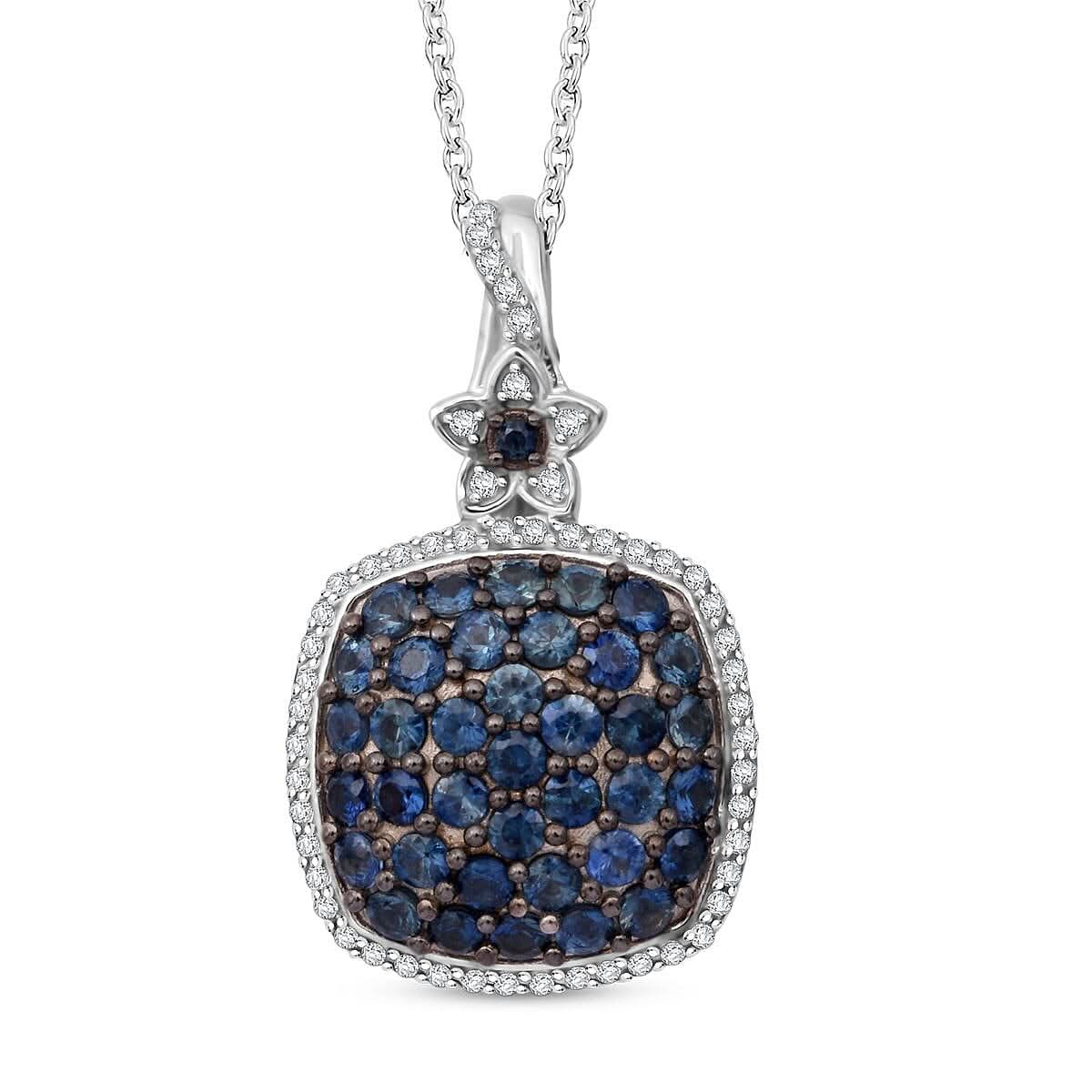 Kanchanaburi Blue Sapphire and White Zircon 2.30 ctw Pendant Necklace in Rhodium Over Sterling Silver 20 Inches