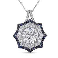 Heart and Arrow Cut Moissanite (Rnd 10mm), Ceylon Sapphire Pendant Necklace (20 Inches) in Rhodium Over Sterling Silver 5.80 ctw