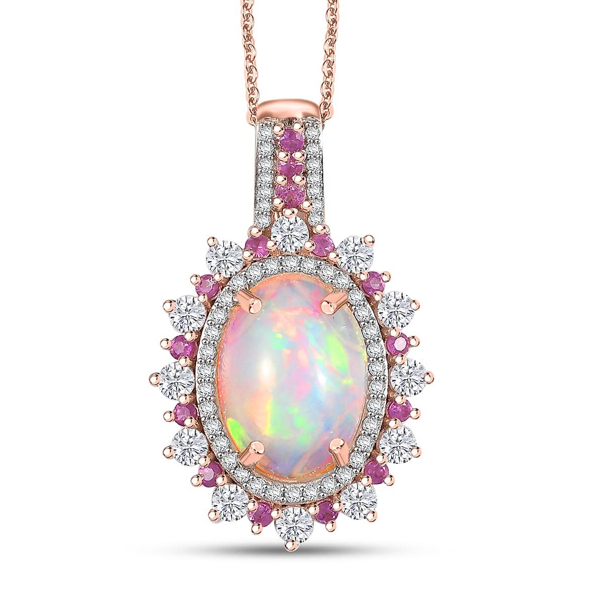 D'Joy Premium Ethiopian Welo Opal and Multi Gemstone 5.40 ctw Cherry Blossom Pendant Necklace in 18K Vermeil Rose Gold Over Sterling Silver 20 Inches