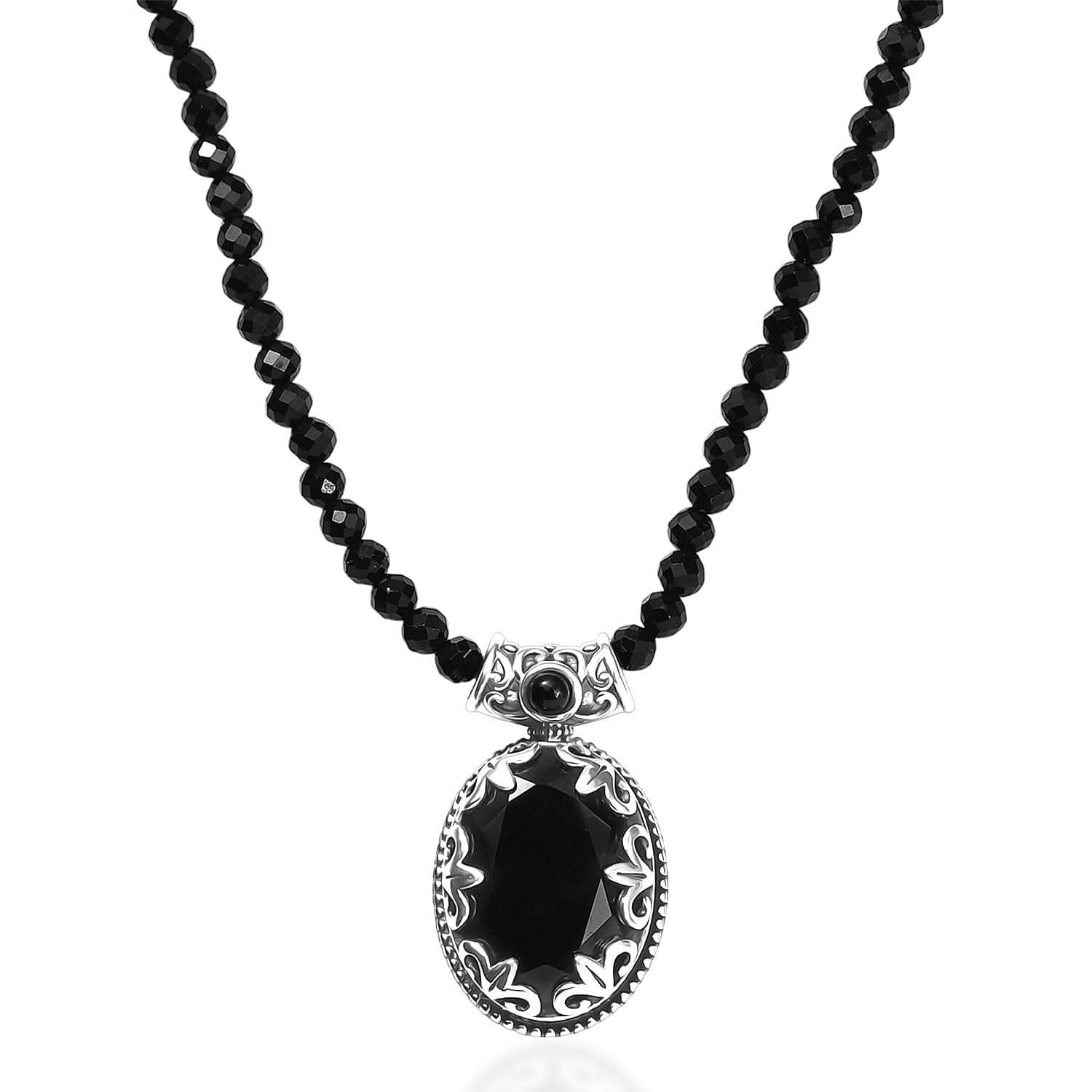 Thai Black Spinel 50.65 ctw Midnight Empress Pendant with Beaded Necklace 20 Inches in Rhodium Over Sterling Silver