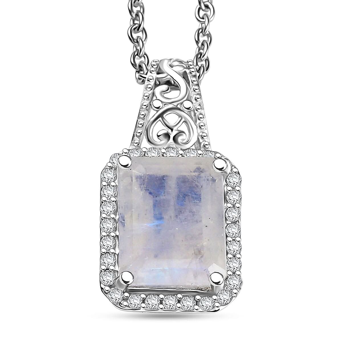 D'Joy Moon Glow Moonstone and White Zircon 3.70 ctw Art Deco Pendant in Platinum Over Sterling Silver with Stainless Steel Necklace 20 Inches