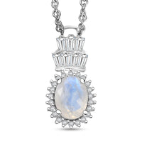 D'Joy Moon Glow Moonstone and White Zircon 1.70 ctw Moonlit Majesty Pendant in Platinum Over Sterling Silver with Stainless Steel Necklace 20 Inches