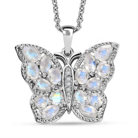 Karis Moon Glow Moonstone and White Zircon 2.65 ctw Moonfly Muse Pendant in Platinum Bond with Stainless Steel Necklace 20 Inches