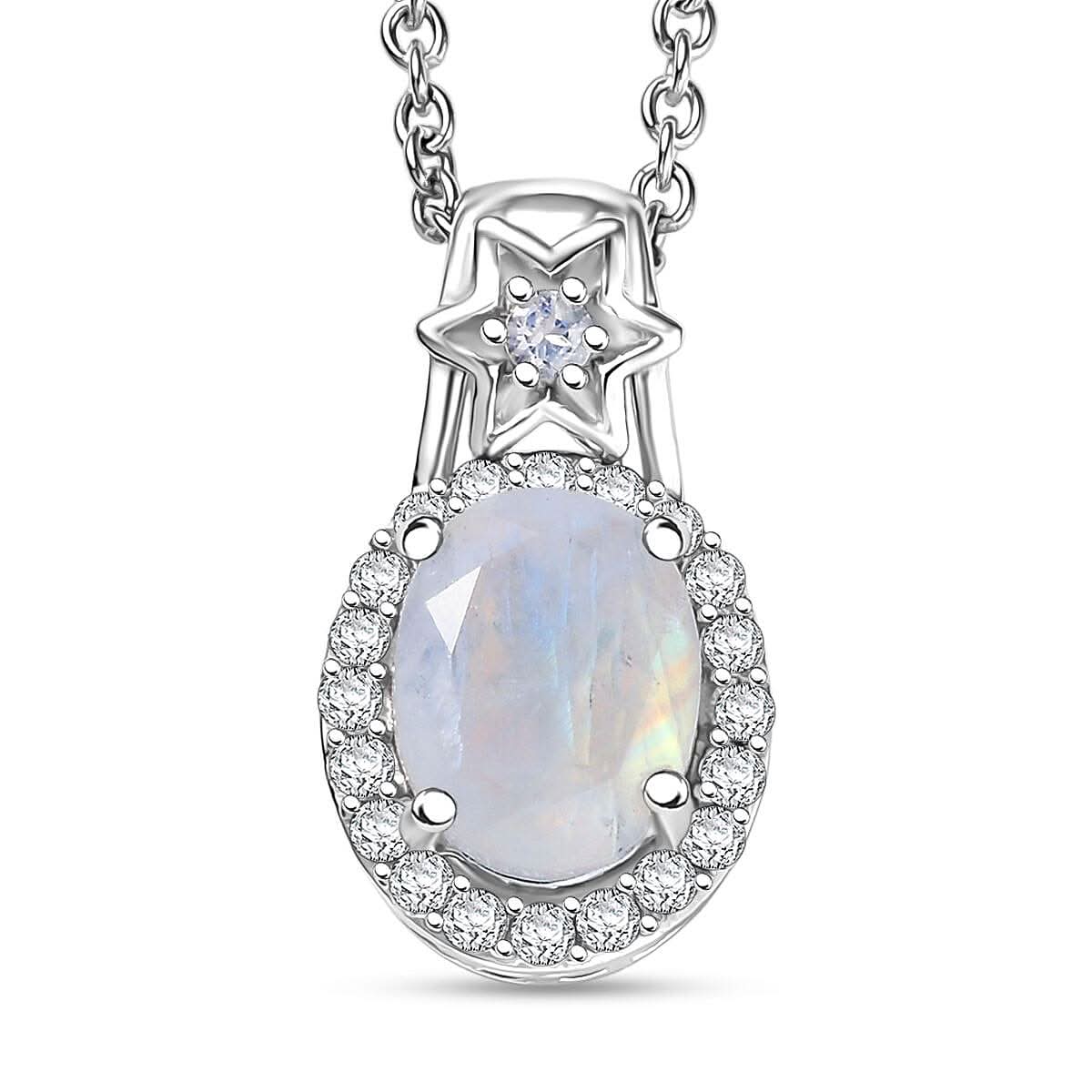 D'Joy Moon Glow Moonstone and White Zircon 2.30 ctw Moon & Star Pendant Necklace 20 Inches in Rhodium Over Sterling Silver