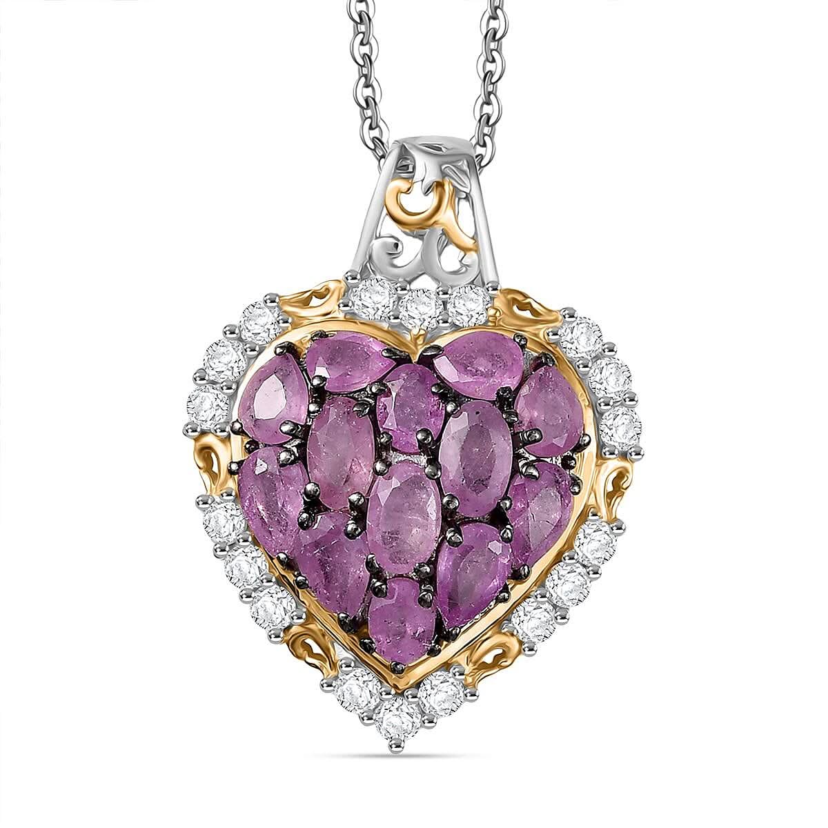 Ilakaka Hot Pink Sapphire (FF) and White Zircon 4.35 ctw Blushing Heart Pendant Necklace in 18K Vermeil YG and Rhodium Over Sterling Silver 20 Inches