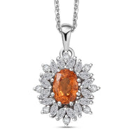 D'Joy Premium Tanzanian Mandarin Garnet and White Zircon 2.00 ctw Bloomfire Pendant Necklace 20 Inches in Rhodium Over Sterling Silver