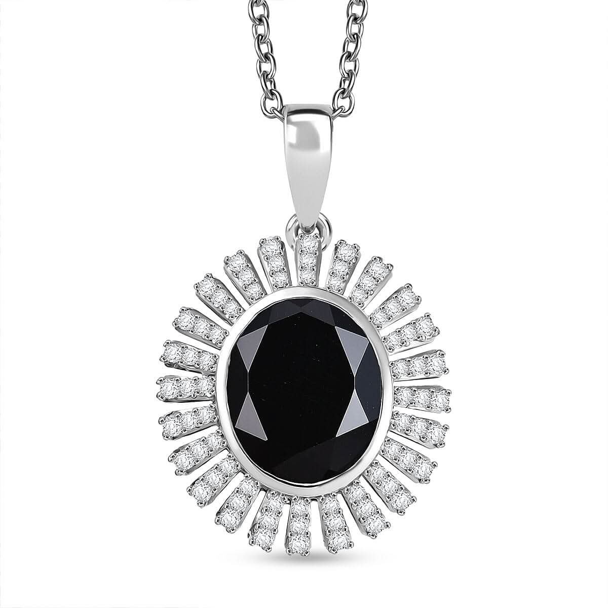 Thai Black Spinel and White Zircon 5.00 ctw Starburst Pendant Necklace 20 Inches in Stainless Steel
