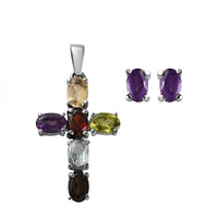 Natural Thai Black Spinel Cross Pendant and Solitaire Stud Earrings in Stainless Steel 4.60 ctw