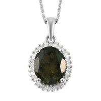AAA Bohemian Moldavite and Diamond Halo Pendant Necklace 20 Inches in Platinum Over Sterling Silver 3.25 ctw
