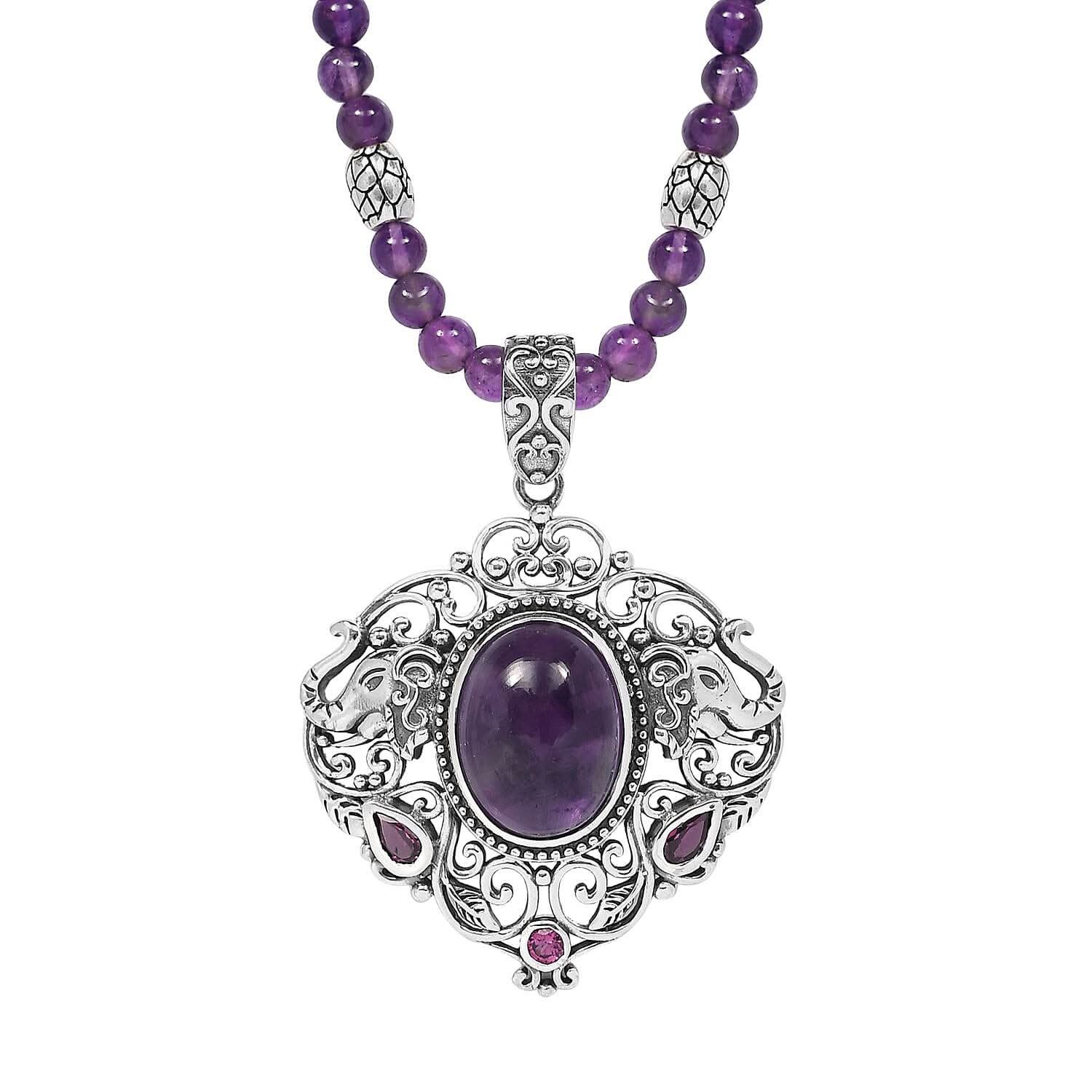 Amethyst and Orissa Rhodolite Garnet Pendant with Beaded Necklace 20 Inches in Sterling Silver 90.50 ctw