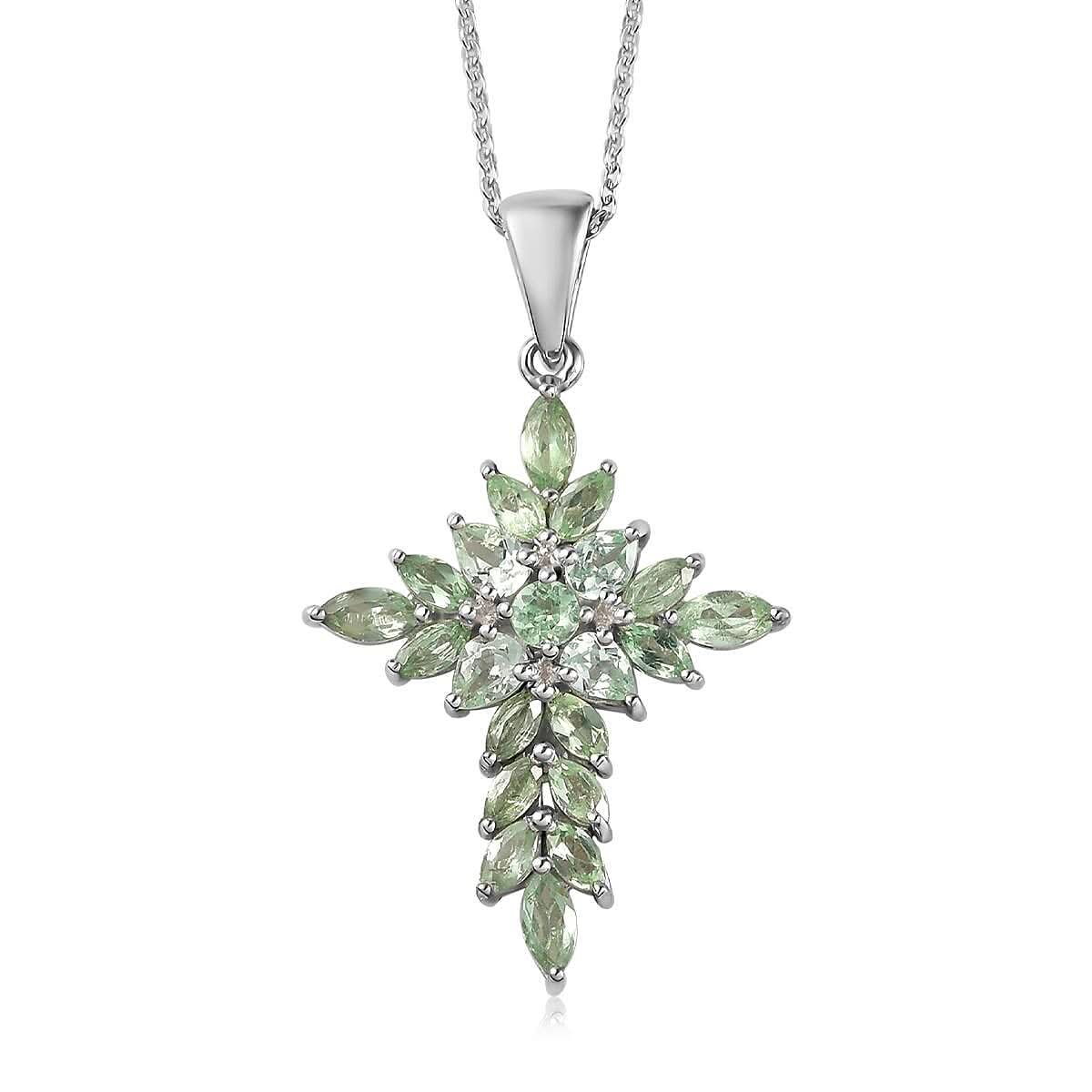Merelani Mint Garnet Cross Pendant Necklace 20 Inches in Platinum Over Sterling Silver 2.50 ctw