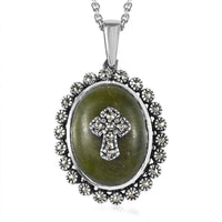 Connemara Marble and Swiss Marcasite Ireland Cross Pendant Necklace 20 Inches in Black Oxidized Sterling Silver 7.65 ctw
