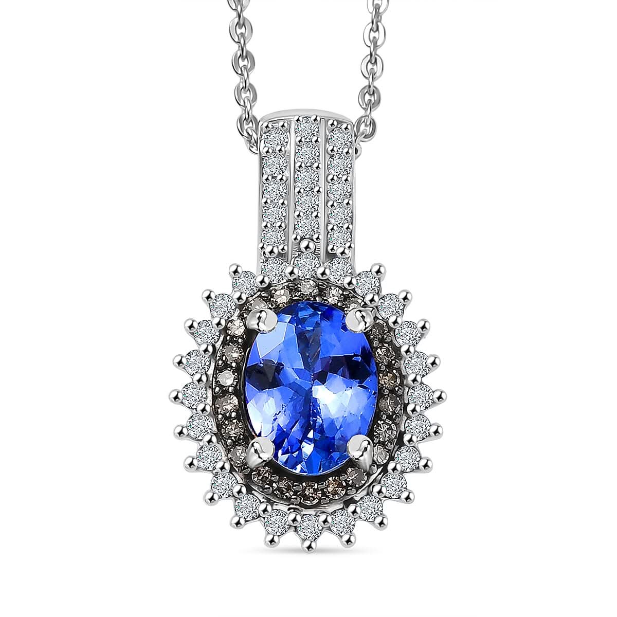 D'Joy Premium Tanzanite, Natural Champagne and White Diamond 1.80 ctw Sunburst Pendant Necklace 20 Inches in Rhodium Over Sterling Silver
