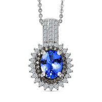 D'Joy Premium Tanzanite, Natural Champagne and White Diamond 1.80 ctw Sunburst Pendant Necklace 20 Inches in Rhodium Over Sterling Silver
