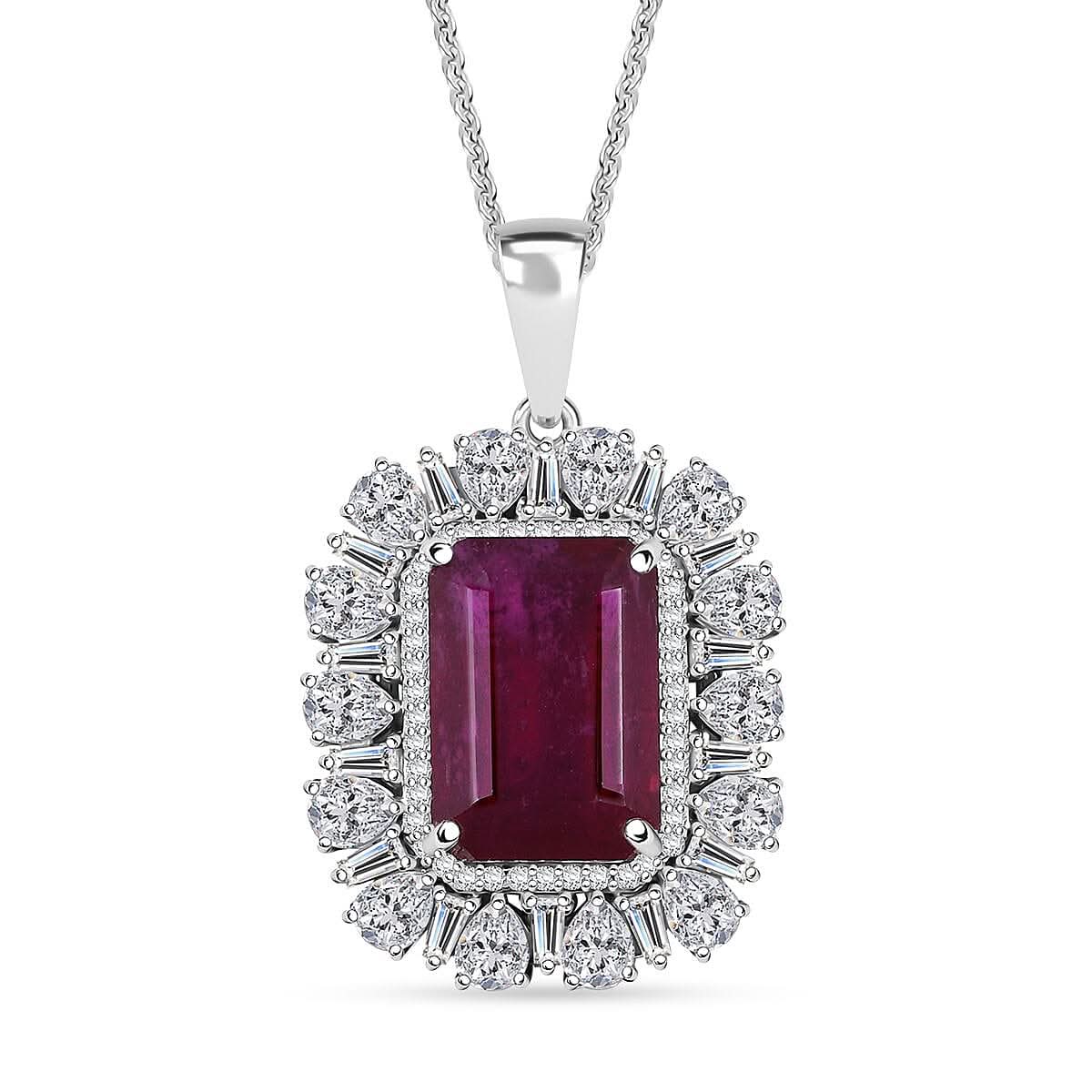 D'Joy Premium Niassa Ruby (FF) and Moissanite 14.40 ctw Firecracker Pendant Necklace in Rhodium Over Sterling Silver 20 Inches