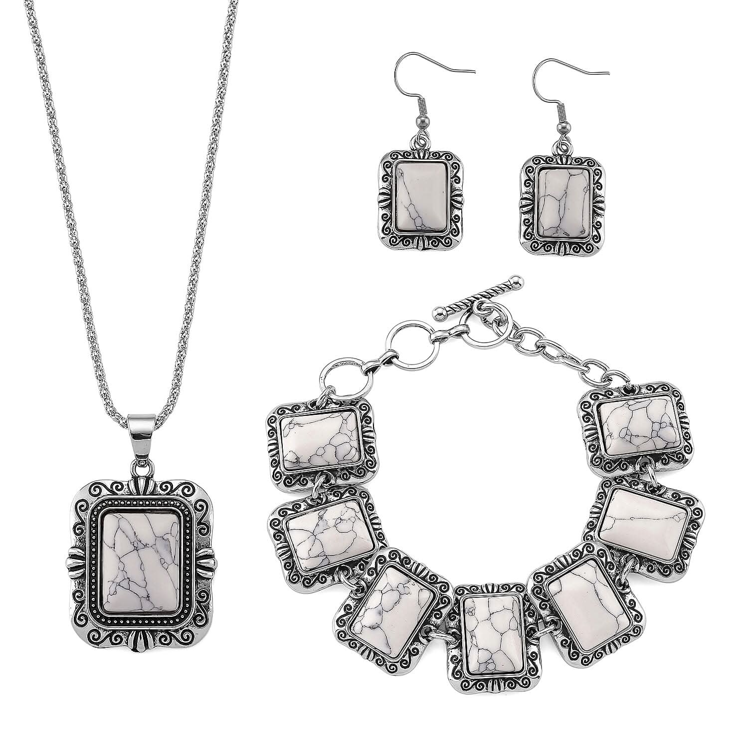 3pcs Set - White Howlite Earrings, Bracelet (6.50-8.0In) and Necklace (20 Inches) in Silvertone 150.00 ctw