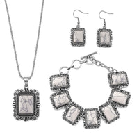 3pcs Set - White Howlite Earrings, Bracelet (6.50-8.0In) and Necklace (20 Inches) in Silvertone 150.00 ctw