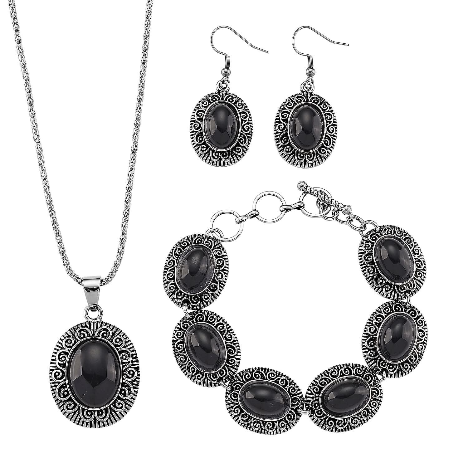 3pcs Set - Black Obsidian Earrings, Bracelet (6.50-8.0In) and Necklace (20 Inches) in Silvertone 150.00 ctw