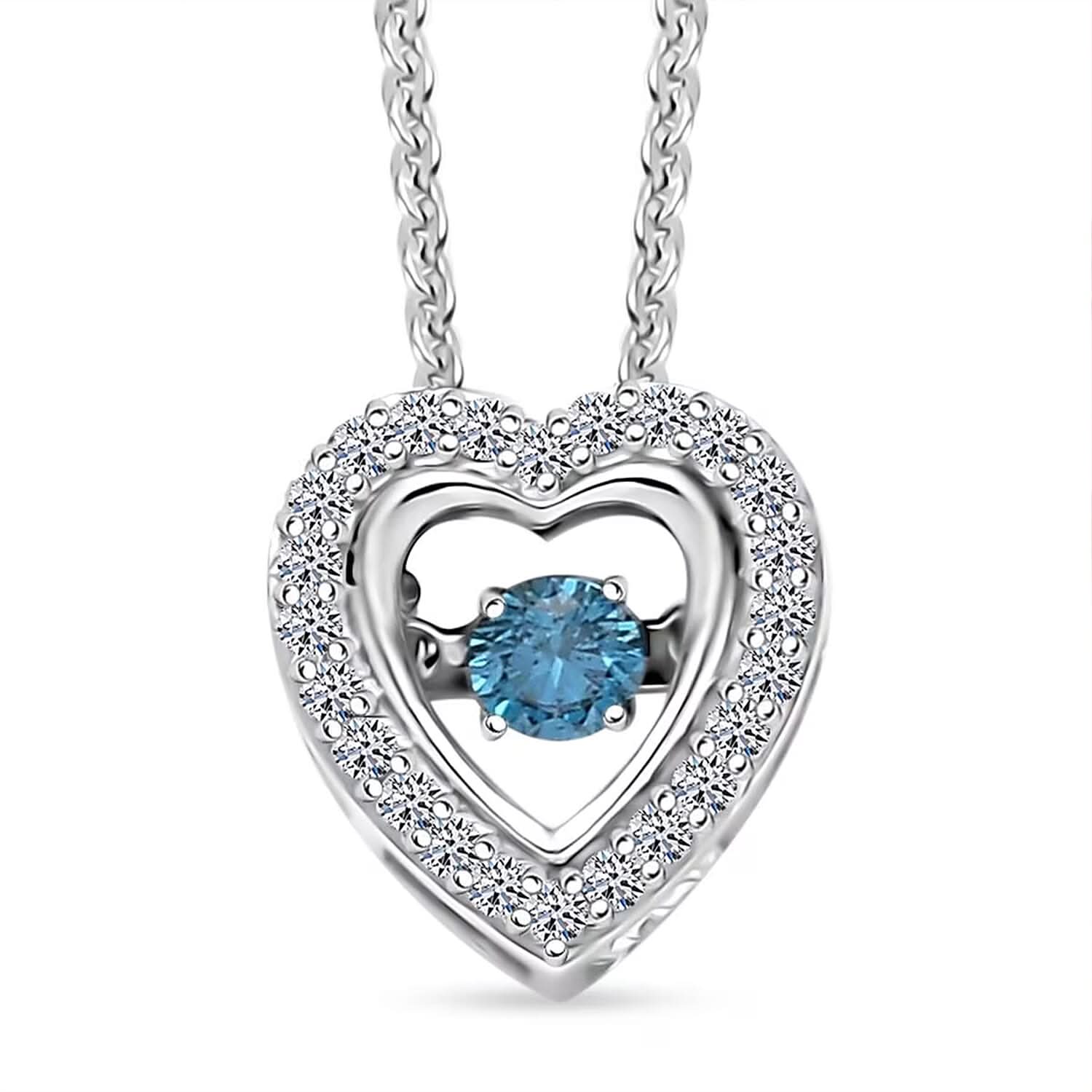 Luxuriant Lab Grown Blue Diamond (IR) (SI) and Lab Grown Diamond 0.25 ctw Dancing Heart Pendant Necklace in Rhodium Over Sterling Silver 20 Inches