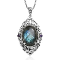 EverTrue Malagasy Labradorite and African Amethyst 15.40 ctw Pendant Necklace 20 Inches in Stainless Steel
