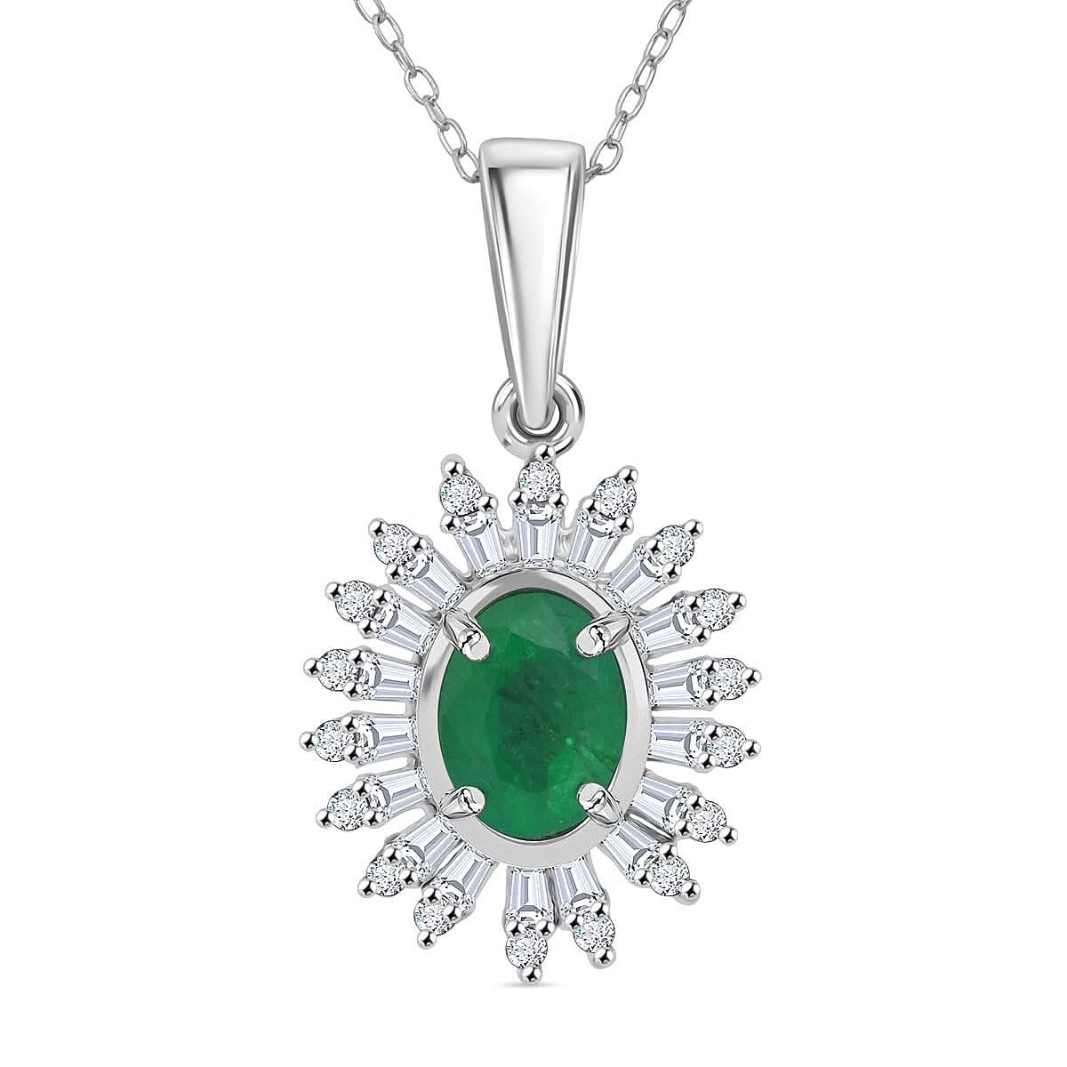 Premium Kagem Zambian Emerald and Moissanite 1.65 ctw Eternal Light Pendant Necklace in Rhodium Over Sterling Silver 20 Inches
