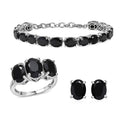 Ever True Thai Black Spinel 47.70 ctw 3 Stone Ring (Size 5), Bracelet (8.5in) and Stud Earrings in Platinum Bond - Sticky add to cart bar