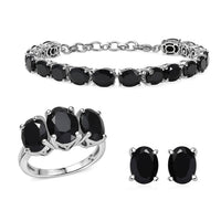 Ever True Thai Black Spinel 47.70 ctw 3 Stone Ring (Size 5), Bracelet (8.5in) and Stud Earrings in Platinum Bond