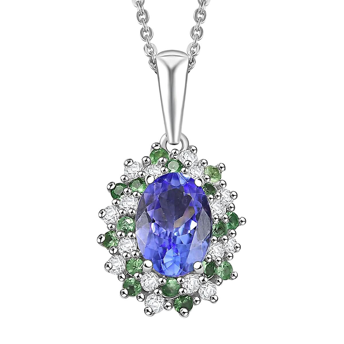 D'Joy Tanzanite and Multi Gemstone 1.10 ctw Blooming Flower Pendant Necklace 20 Inches in Rhodium Over Sterling Silver