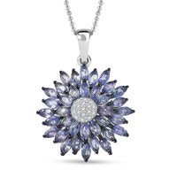 D'Joy Tanzanite and Moissanite 3.15 ctw Blue Dahlia Flower Pendant Necklace in Rhodium Over Sterling Silver 20 Inches