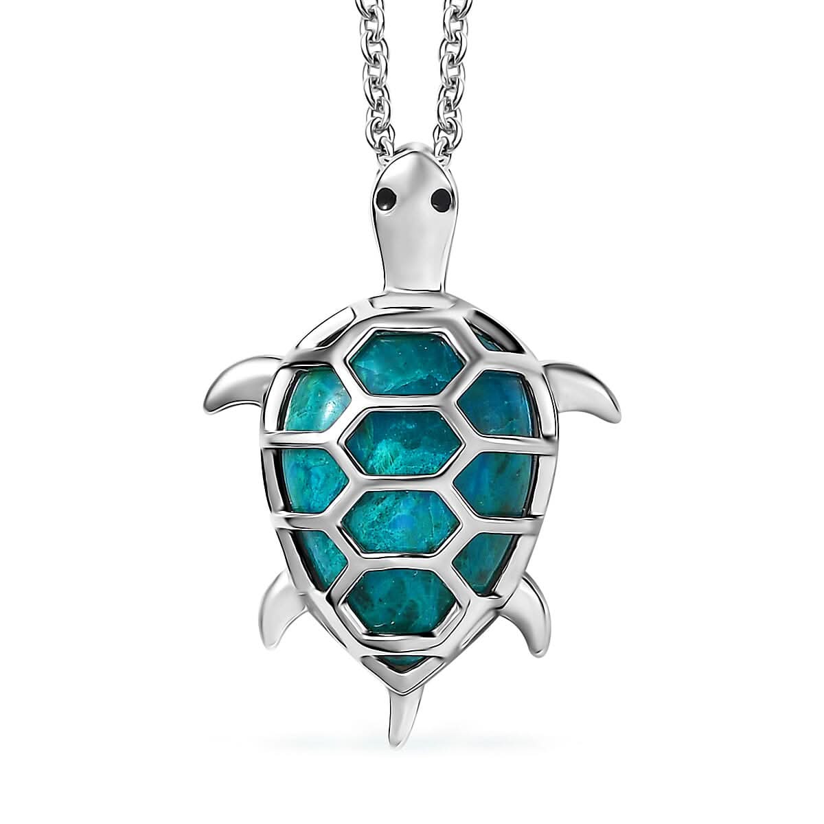 D'Joy Chrysocolla and White Zircon 6.50 ctw Turtle Pendant in Platinum Over Sterling Silver with Stainless Steel Necklace 20 Inches