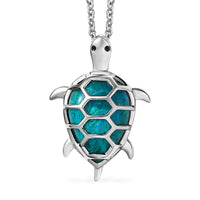 D'Joy Chrysocolla and White Zircon 6.50 ctw Turtle Pendant in Platinum Over Sterling Silver with Stainless Steel Necklace 20 Inches