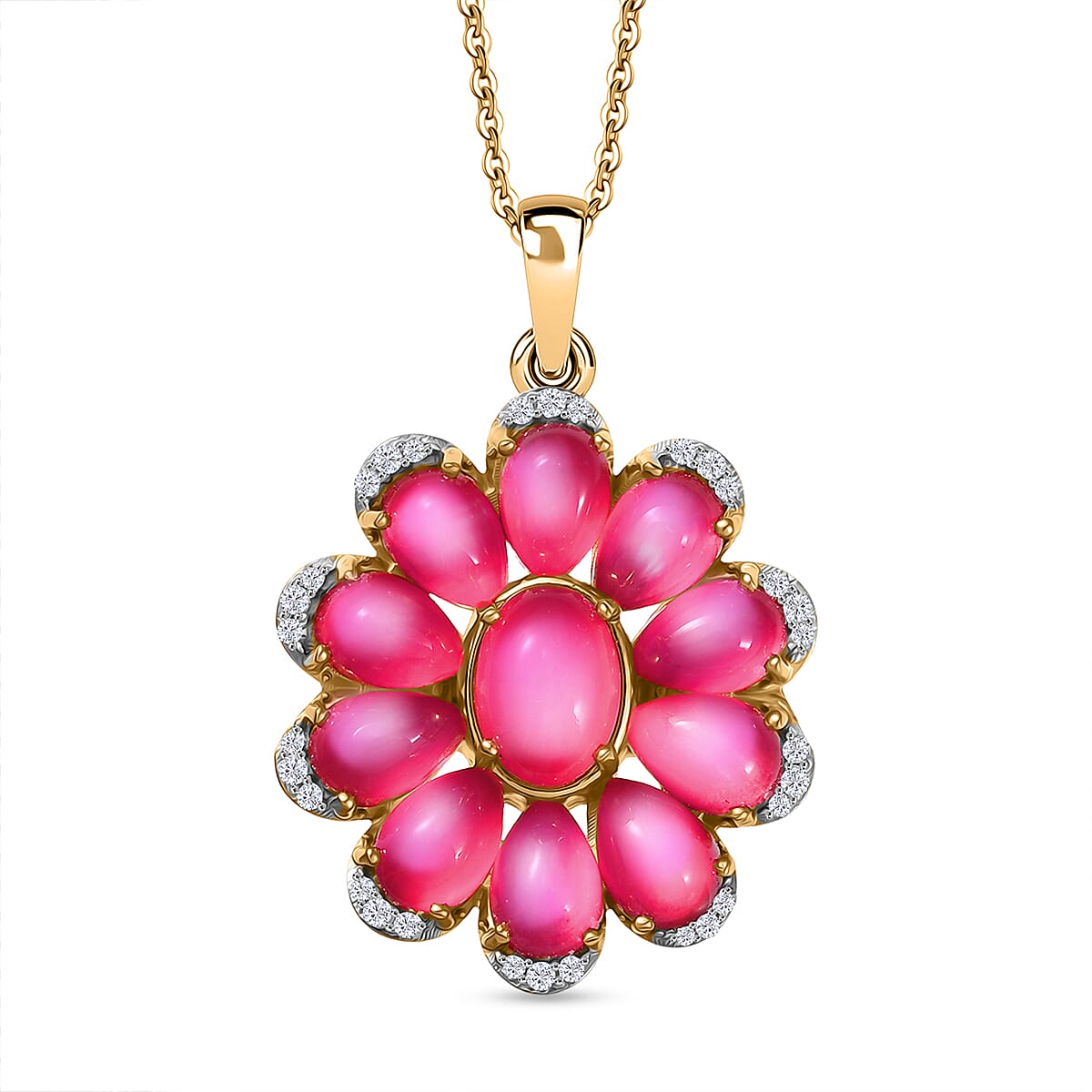 Mulberry Moonstone and White Zircon 7.25 ctw Pendant Necklace in 18K Vermeil Yellow Gold Over Sterling Silver 18 Inches