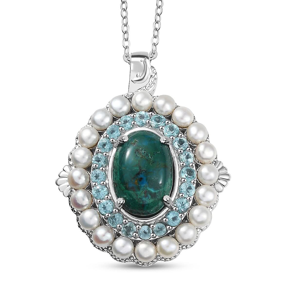 EverTrue Chrysocolla and Multi Gemstone 9.50 ctw Embraces the Ocean Pendant in Platinum Bond with Stainless Steel Necklace 20 Inches