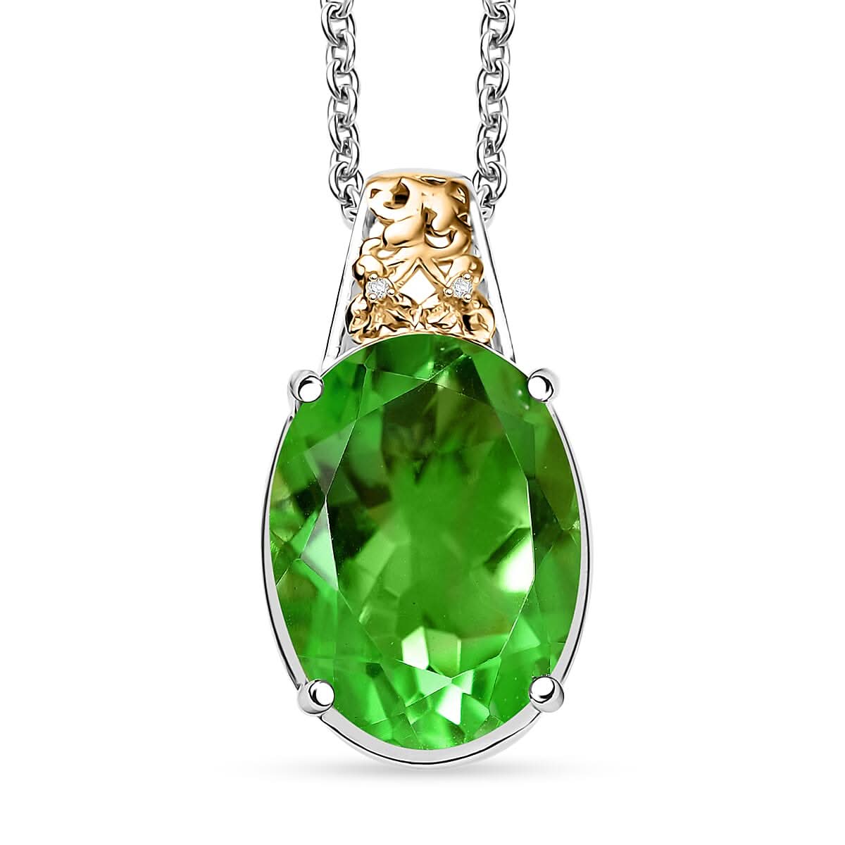 EverTrue Chartreuse Quartz and White Zircon 9.80 ctw Floral Pendant in 18K YG Plated and Platinum Bond with Stainless Steel Necklace 20 Inches