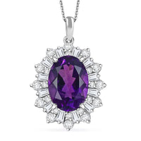 D'Joy Lusaka Amethyst and Moissanite 7.50 ctw Crown Solstice Pendant Necklace 20 Inches in Rhodium Over Sterling Silver